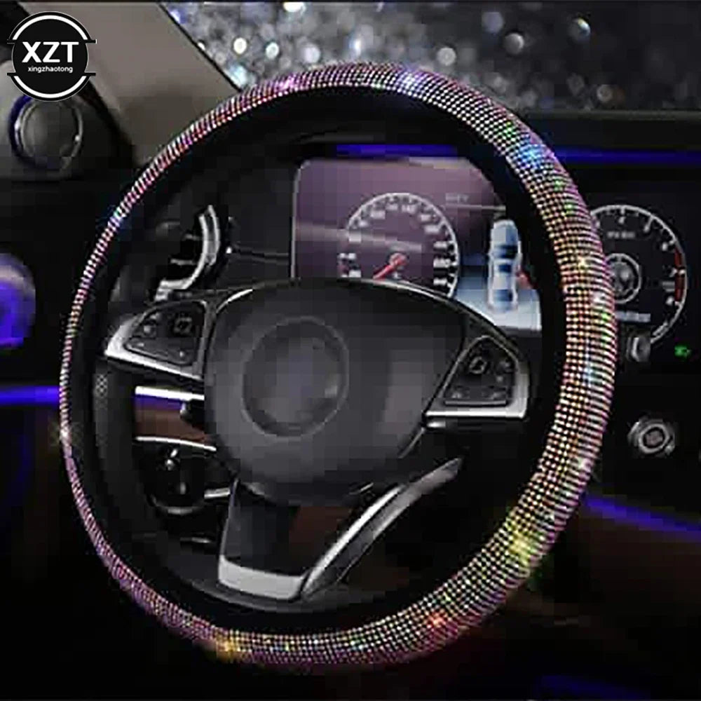 Universal 38CM Rhinestones Steering Wheel Cover with Crystal Diamond Sparkling Car Breathable Anti-Slip Steering Wheel Protector