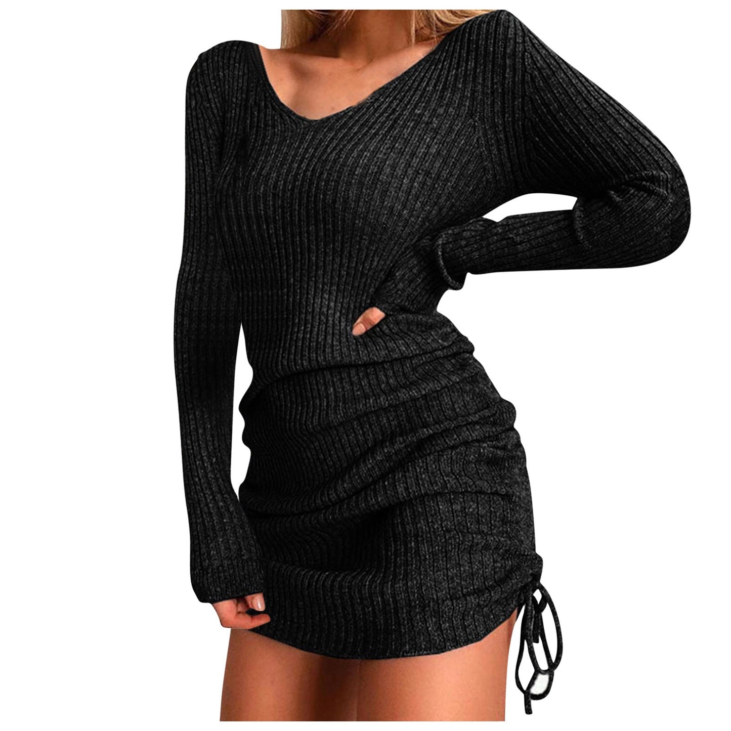Spring And Winter Women'S V Neck Long Sleeves Slim Thin Hip Dress Warm Sweater Sexy Hip Package Club Street Lady Robe Vestido