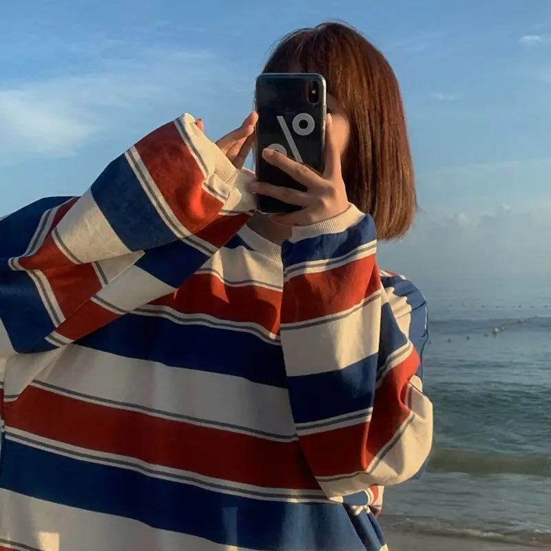 Multi Striped Patchwork Loose T-shirts Summer Women O-Neck Long Sleeve School Tee Tops CDPF-6851