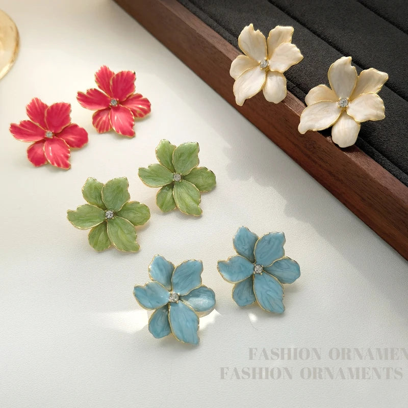 Modern Jewelry 925 Silver Needle Red Flower Earrings Spring Summer Style Popular Design Big Stud Earrings For Women Girl Gift