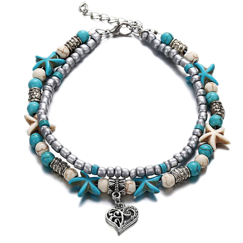 Boho Summer Beach Anklets For Women Turtle Shell Starfish Tree of Life Elephant Ankle Bracelet Multilayer Chain On Foot Jewelry