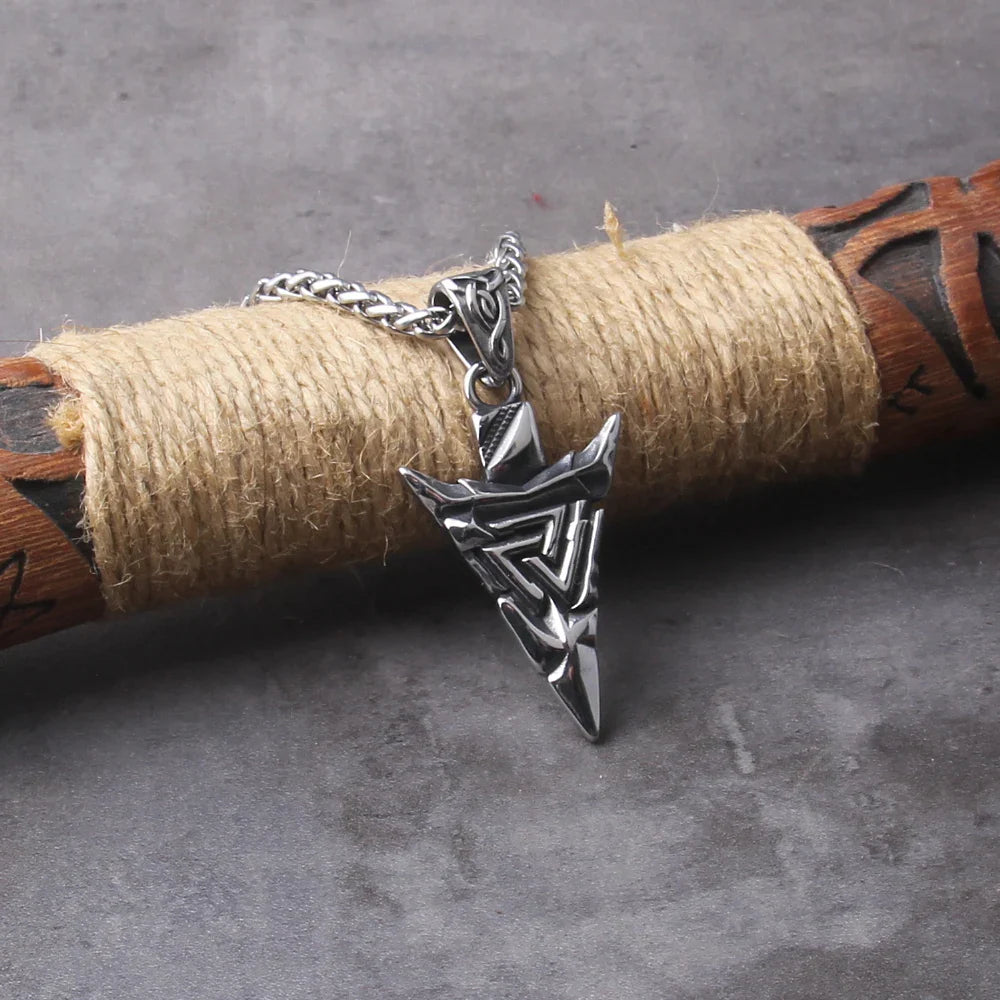 Odin Valknut Rune Necklace - vikings spear Men's Stainless Steel Necklace in Wooden Box