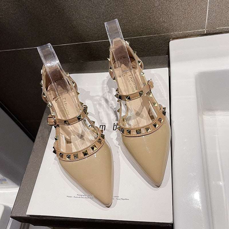 New High Heels Pointed Toe Buckle Rivets Summer Sexy Mules Fashion All-match Net Red Banquet Thick Heels Women's High Heels