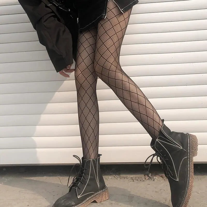 Lolita Cute Pentacle Print Tights Women Sexy Gothic Punk Magical Five-Pointed Star Mesh Fish Net Pantyhose Body Stockings