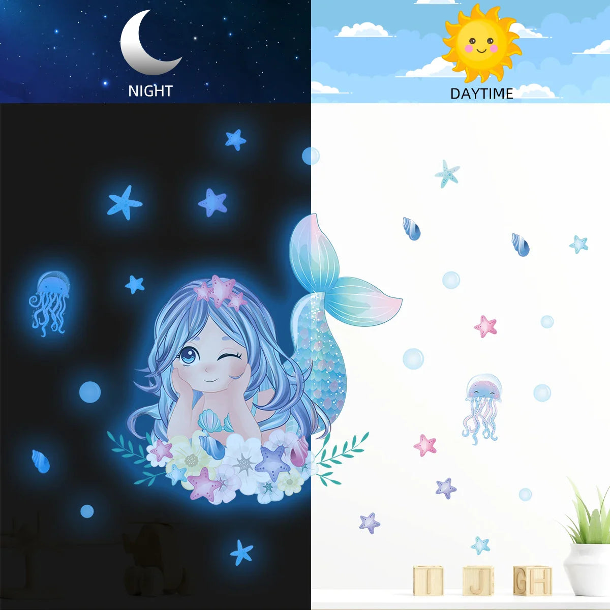1Pc Cartoon Blue Light Glow Wall Stickers Kids Room Girls Room Decoration for Bedroom Children Living Room Decor for House