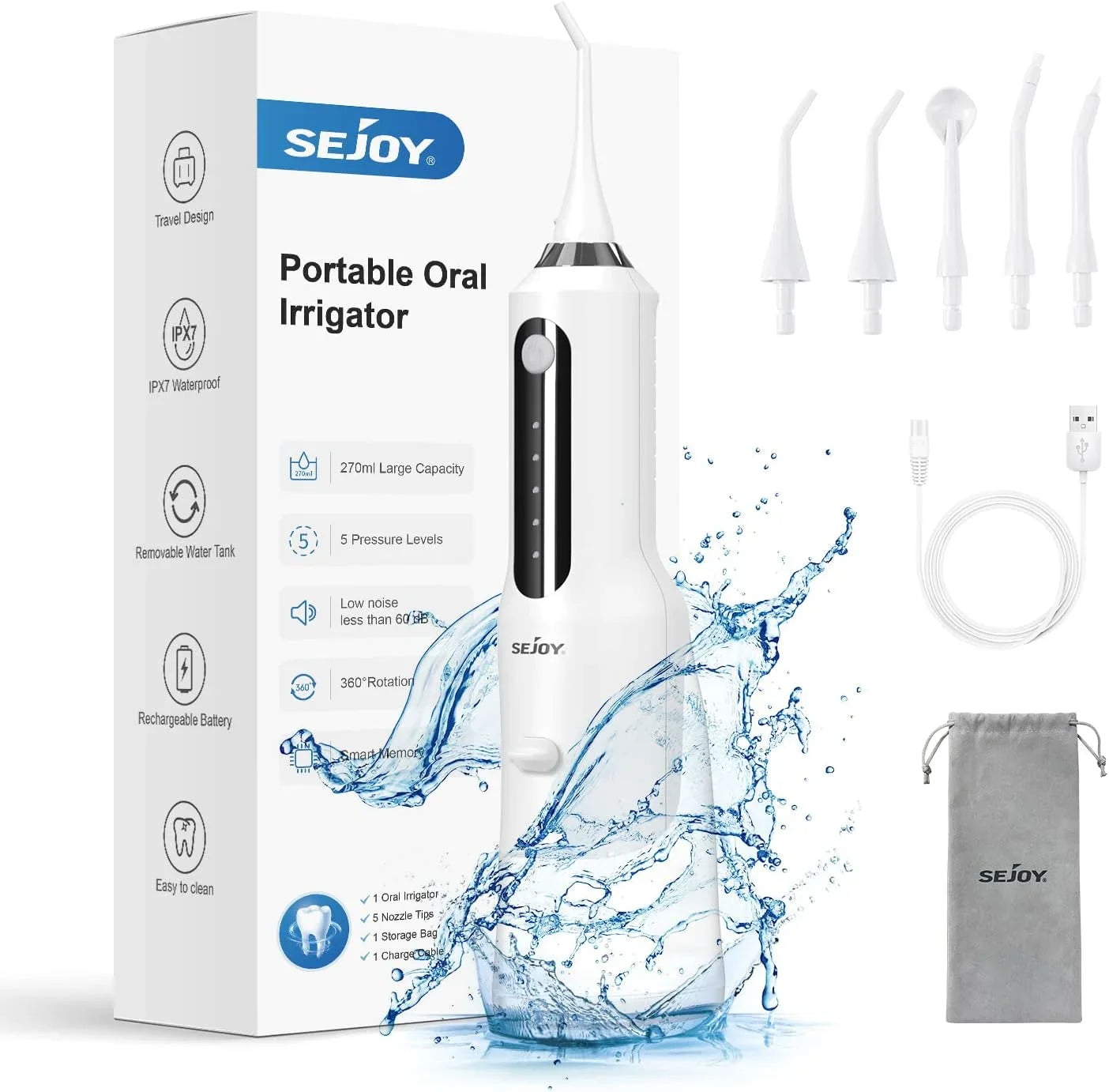 Sejoy Water Flosser Teeth Cleaner Rechargeable Waterproof Portable Cordless Dental Oral Irrigator, Water flossers for Teeth