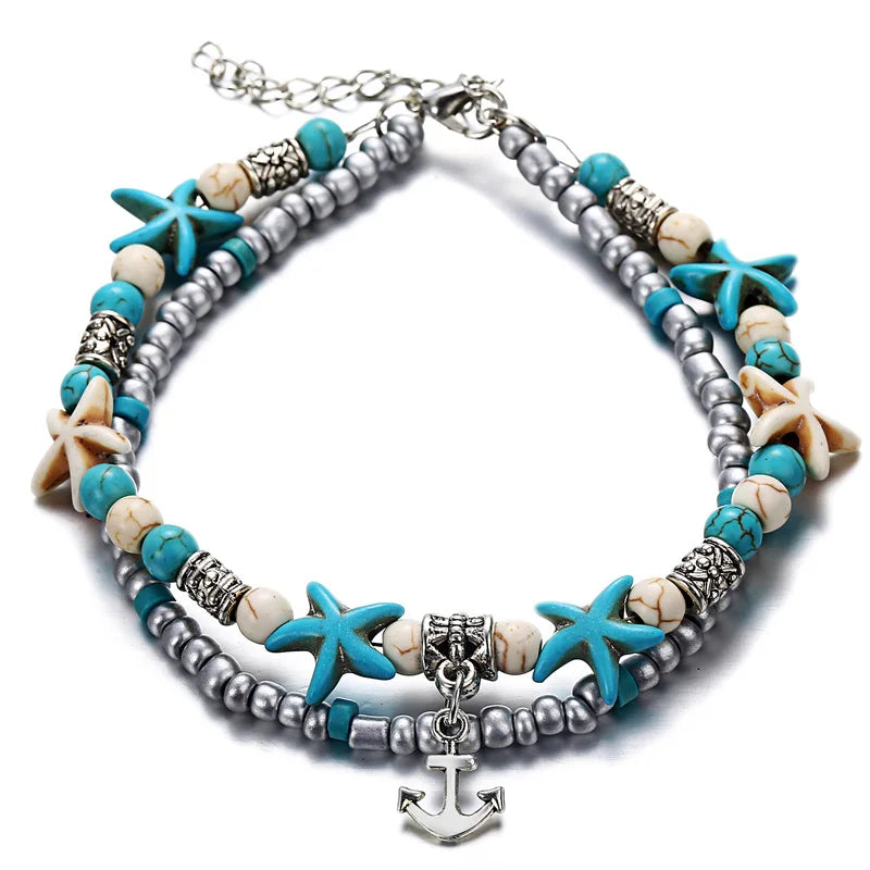 Boho Summer Beach Anklets For Women Turtle Shell Starfish Tree of Life Elephant Ankle Bracelet Multilayer Chain On Foot Jewelry