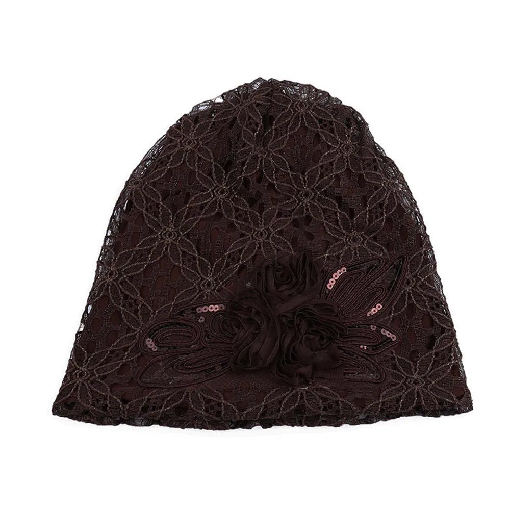 Spring Autumn Hat For Women Beanies Fashion Lace Flower Cap Elasticity Knit Beanie Hats Turban Female Casual Caps Gorros