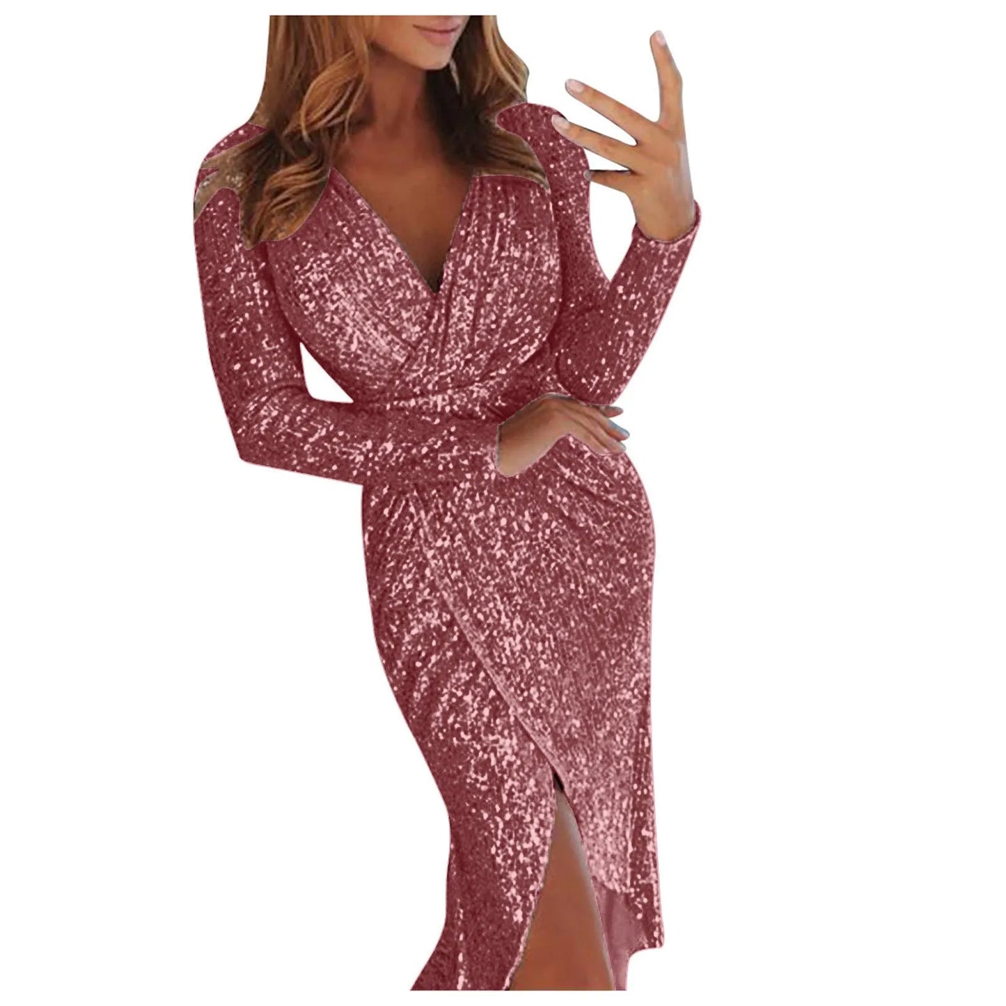 Womens Party Dresses 2024 Sexy Deep V Sequins Wrap Ruched Long Sleeved Formal Dress Nightclub Vestidos For Women Temperament