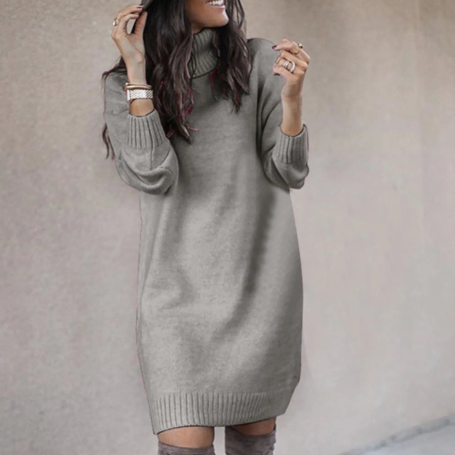 Women Fahsion Sweater Dress Autumn Solid Color Long Sleeve Turtleneck Pullover Mini Dresses Elegant Lady Knitted Party Vestidos