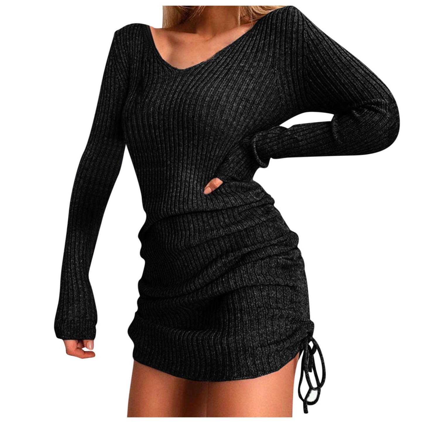 Spring And Winter Women'S V Neck Long Sleeves Slim Thin Hip Dress Warm Sweater Sexy Hip Package Club Street Lady Robe Vestido