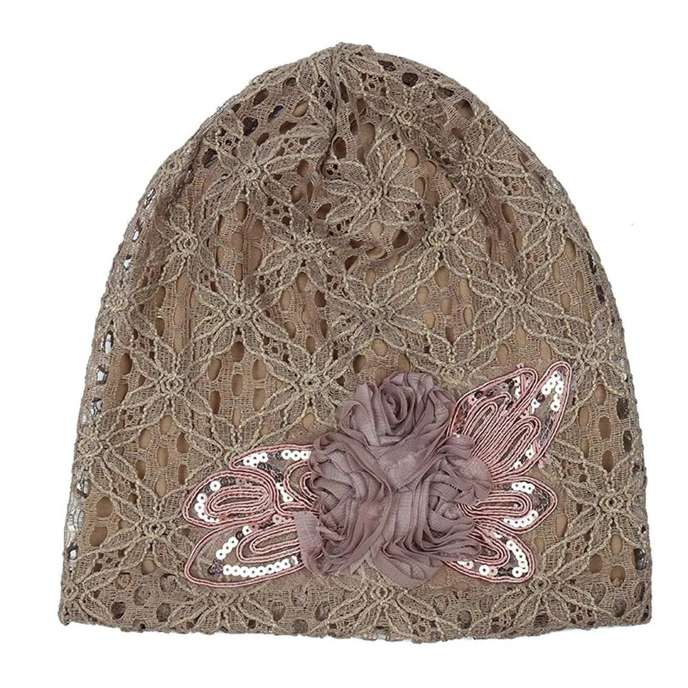 Spring Autumn Hat For Women Beanies Fashion Lace Flower Cap Elasticity Knit Beanie Hats Turban Female Casual Caps Gorros