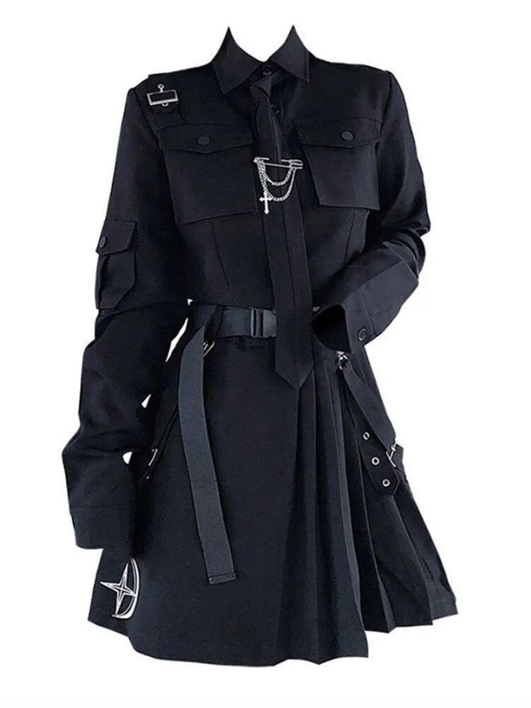 EMO Gothic Cargo Shirt Suit E Punk Chain Ribbon Skirts Goth Dress Autumn Streetwear Harajuku Black Grunge Aesthetic Clothes