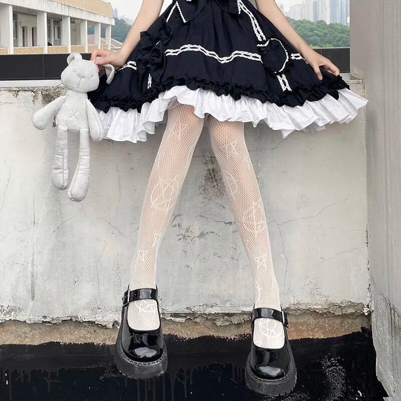 Lolita Cute Pentacle Print Tights Women Sexy Gothic Punk Magical Five-Pointed Star Mesh Fish Net Pantyhose Body Stockings