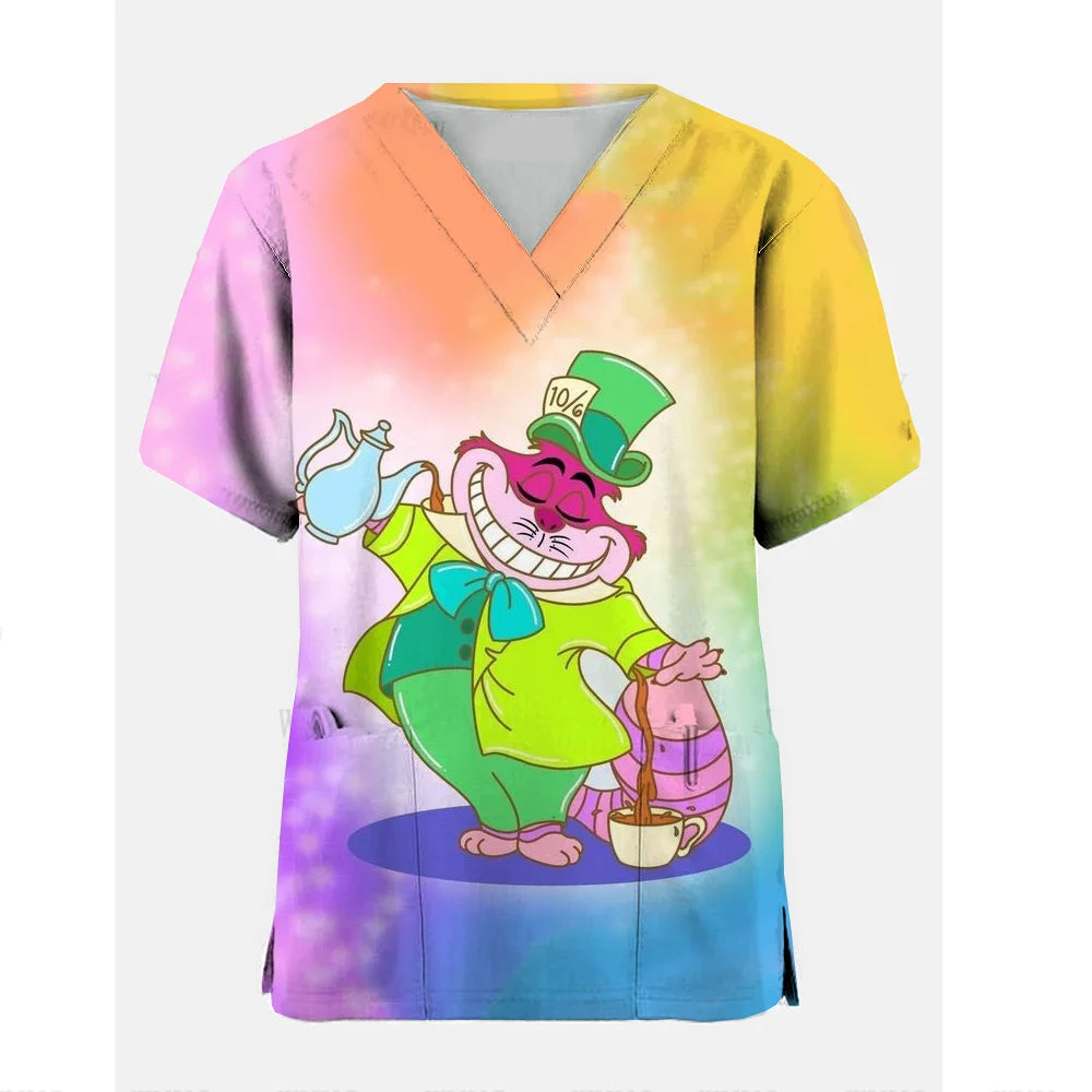 Disney Cheshire Cat Uniform Blouse Women Pullovers Nurse Uniform Working Casual Tops Scrub Nursing Nurse Medical Uniforms Shirts