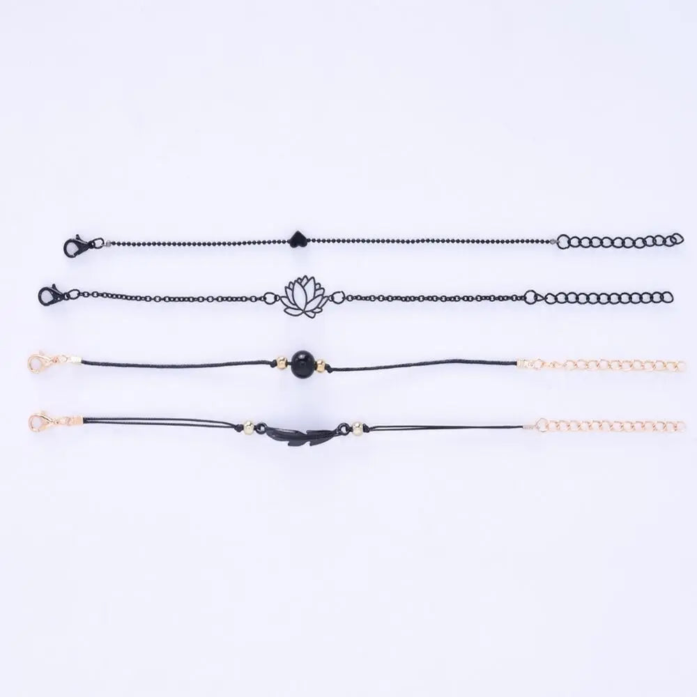 4pcs Bracelet Set Ladies Dark Wind Alloy Spray Paint Leaves Lotus Flower Peach Heart Accessories Combination Jewelry
