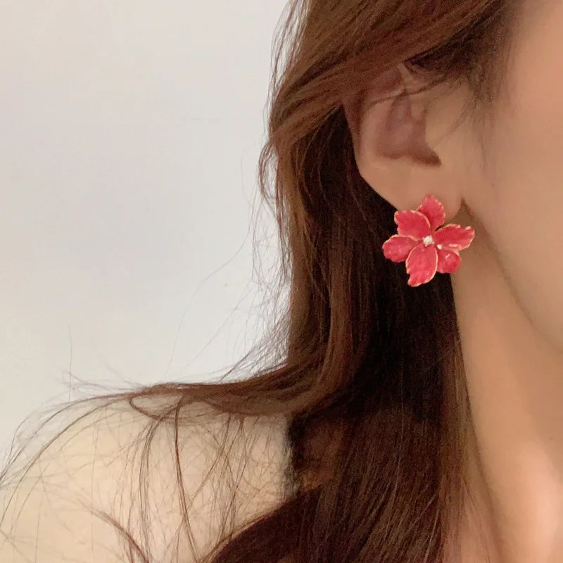 Modern Jewelry 925 Silver Needle Red Flower Earrings Spring Summer Style Popular Design Big Stud Earrings For Women Girl Gift