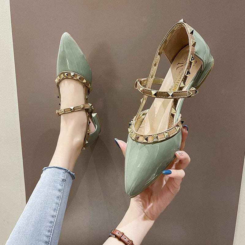 New High Heels Pointed Toe Buckle Rivets Summer Sexy Mules Fashion All-match Net Red Banquet Thick Heels Women's High Heels