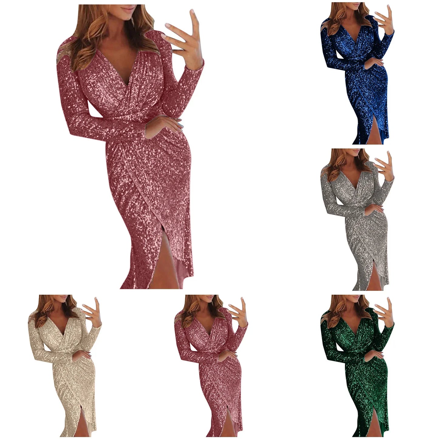 Womens Party Dresses 2024 Sexy Deep V Sequins Wrap Ruched Long Sleeved Formal Dress Nightclub Vestidos For Women Temperament