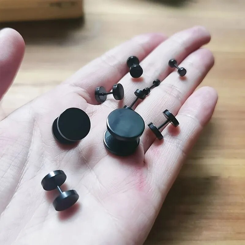 2Pcs/1Pair Gothic Stainless Steel Screw Dumbbell Stud Earrings For Women/Men Hip Hop Rock Hypoallergenic Punk Jewelry