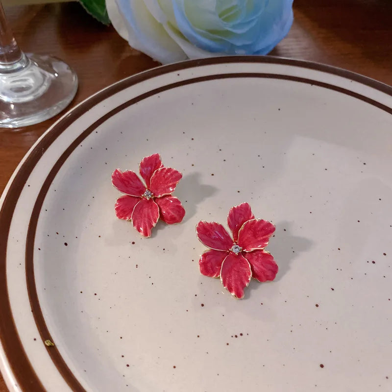 Modern Jewelry 925 Silver Needle Red Flower Earrings Spring Summer Style Popular Design Big Stud Earrings For Women Girl Gift