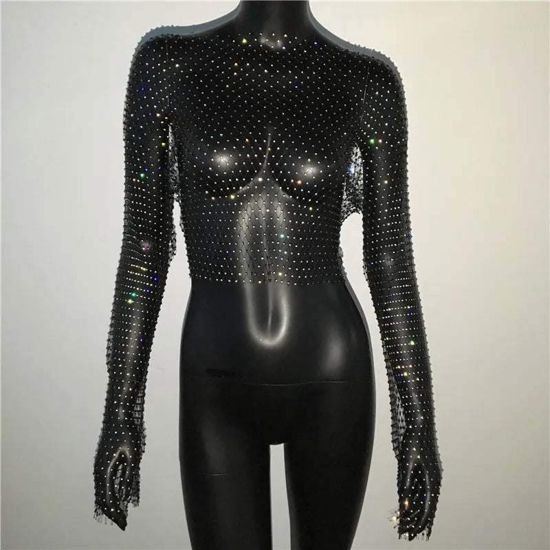 Autumn Women Sexy See Through Fishnet T Shirt Glitter Rhinestone Hollow Mesh Long Sleeve Crop Tops Nightclub Party Festival Top