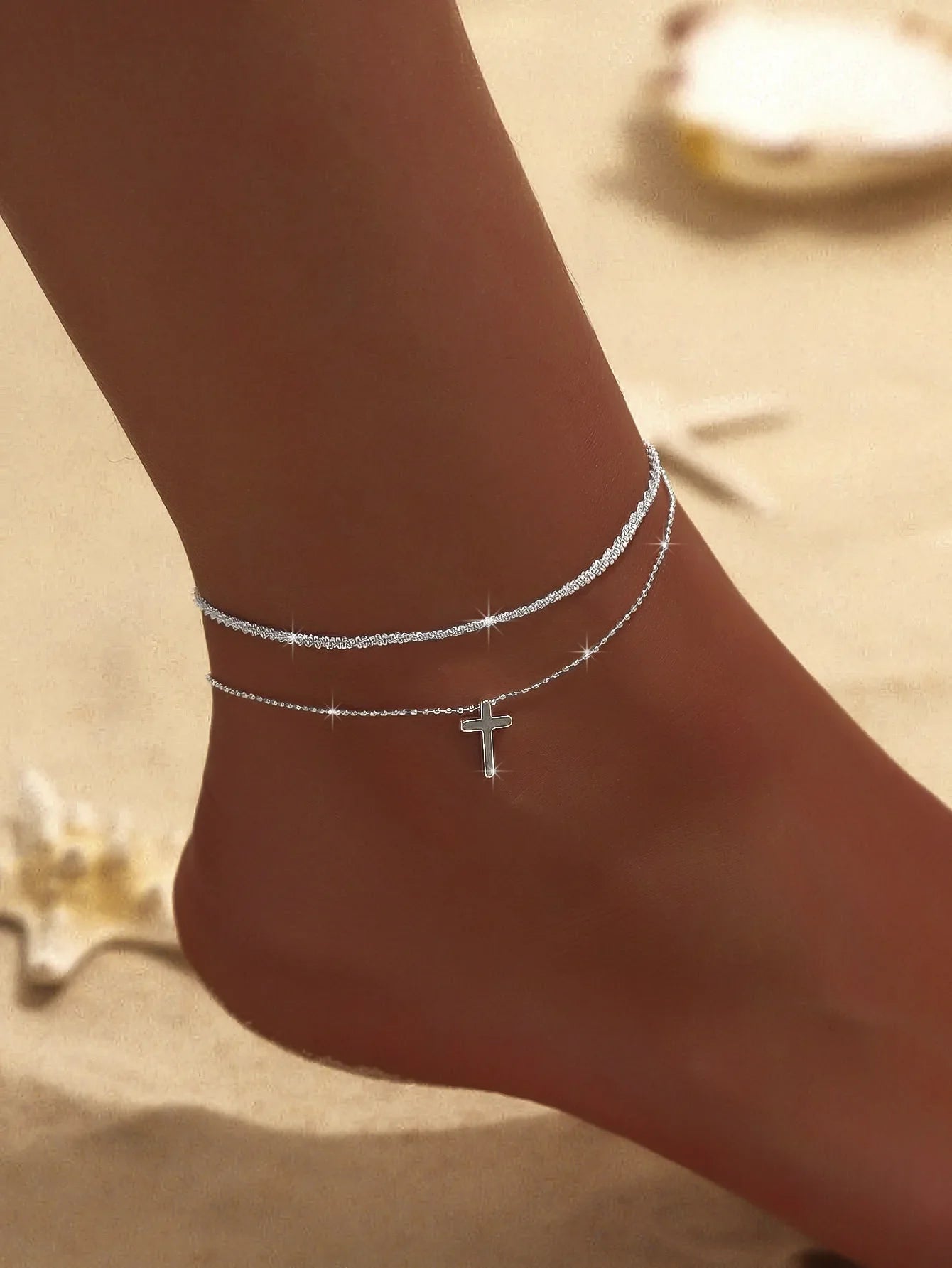 Summer Shiny Sparkling Simple Silver Color Anklet Zircon Cross Love Pearl Double Layer Bracelet On Leg Foot Trendy Beach Jewelry