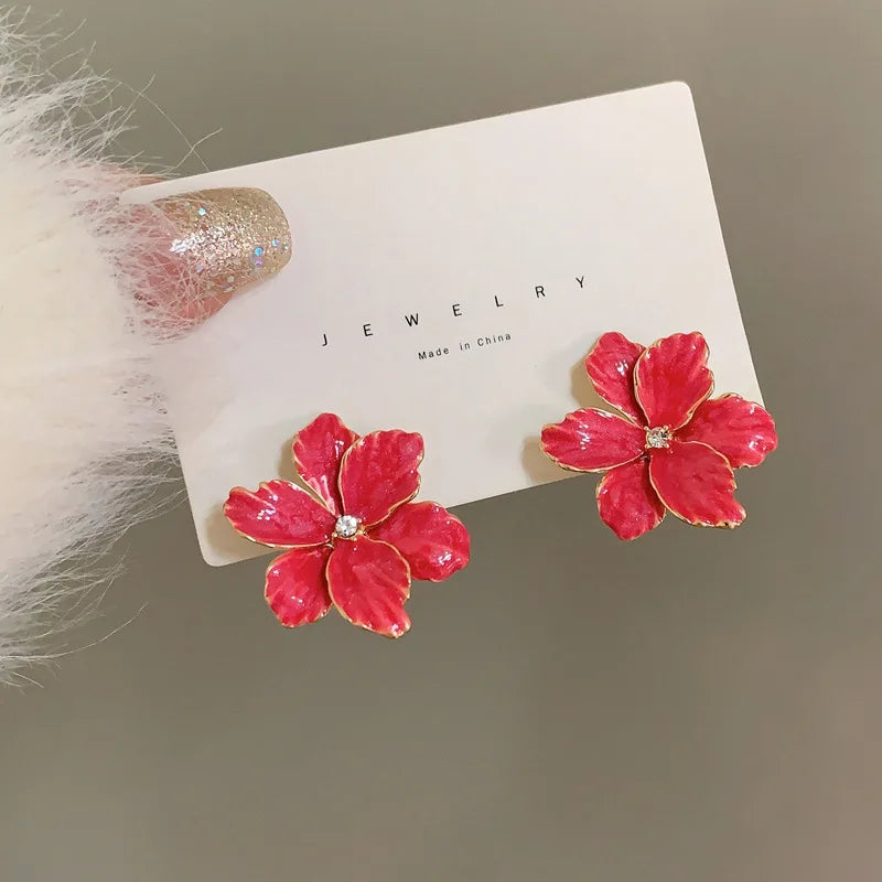 Modern Jewelry 925 Silver Needle Red Flower Earrings Spring Summer Style Popular Design Big Stud Earrings For Women Girl Gift