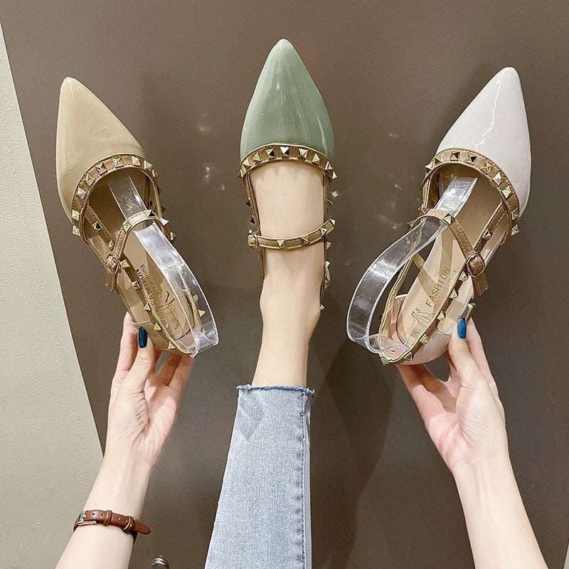 New High Heels Pointed Toe Buckle Rivets Summer Sexy Mules Fashion All-match Net Red Banquet Thick Heels Women's High Heels