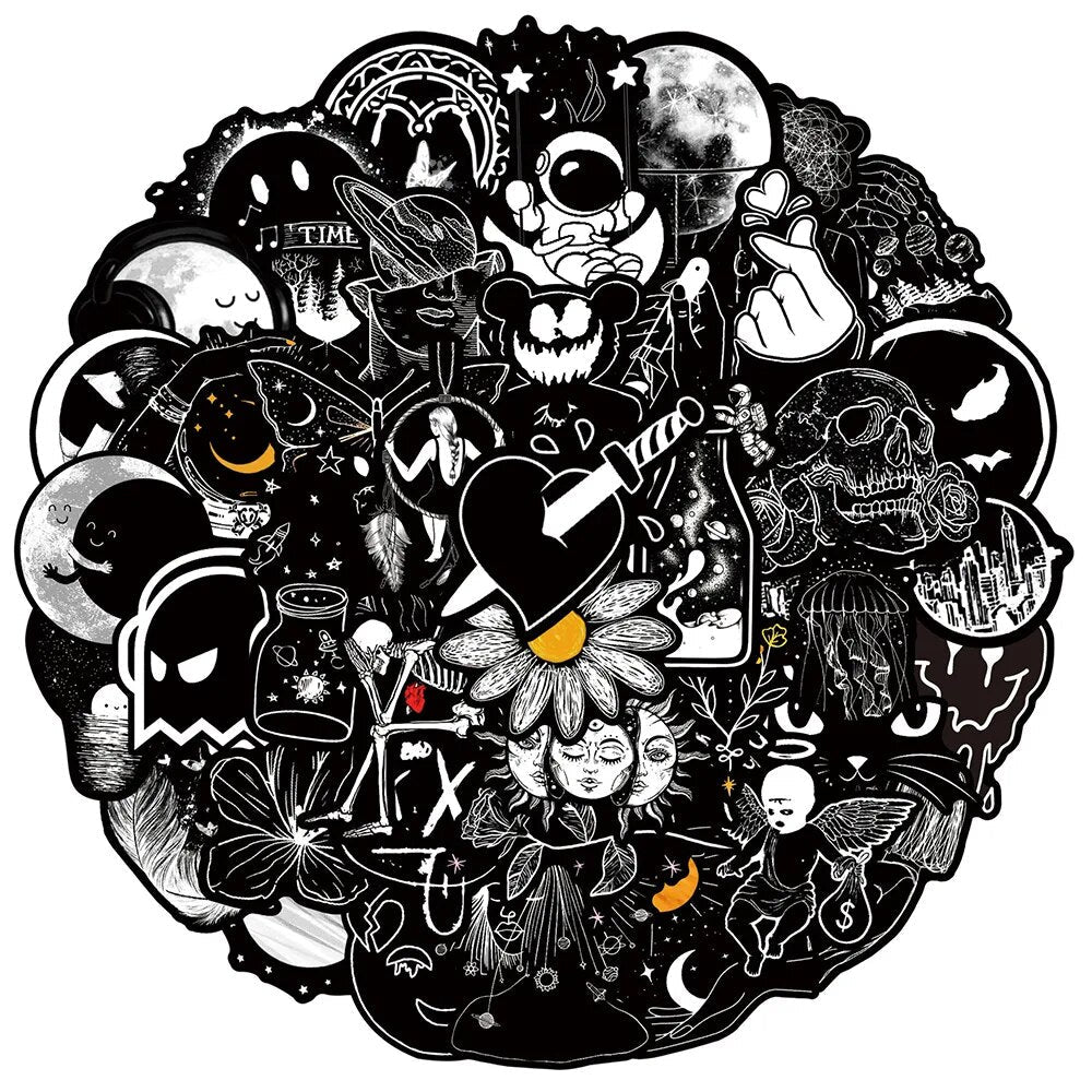 10/30/50PCS Black White Gothic Cartoon Graffiti Stickers DIY Car Bike Travel Luggage Phone Laptop Waterproof Cool Sticker Toy