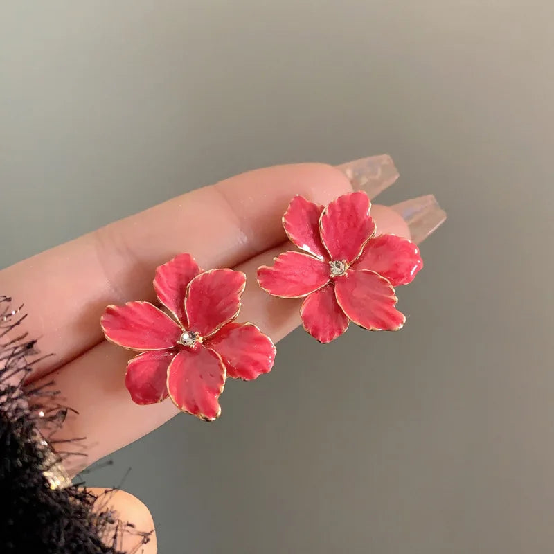 Modern Jewelry 925 Silver Needle Red Flower Earrings Spring Summer Style Popular Design Big Stud Earrings For Women Girl Gift