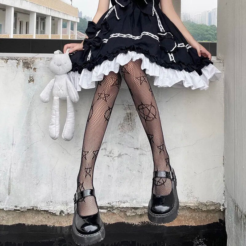 Lolita Cute Pentacle Print Tights Women Sexy Gothic Punk Magical Five-Pointed Star Mesh Fish Net Pantyhose Body Stockings