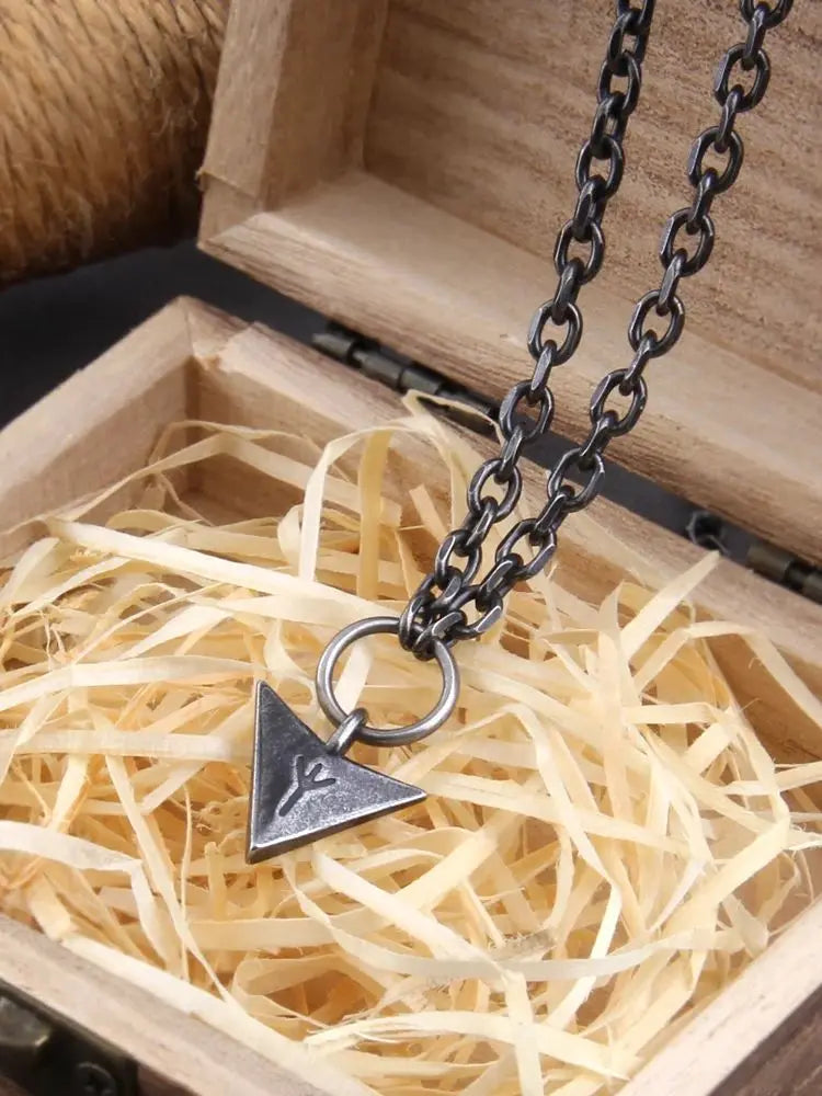 Odin Valknut Rune Necklace - vikings spear Men's Stainless Steel Necklace in Wooden Box