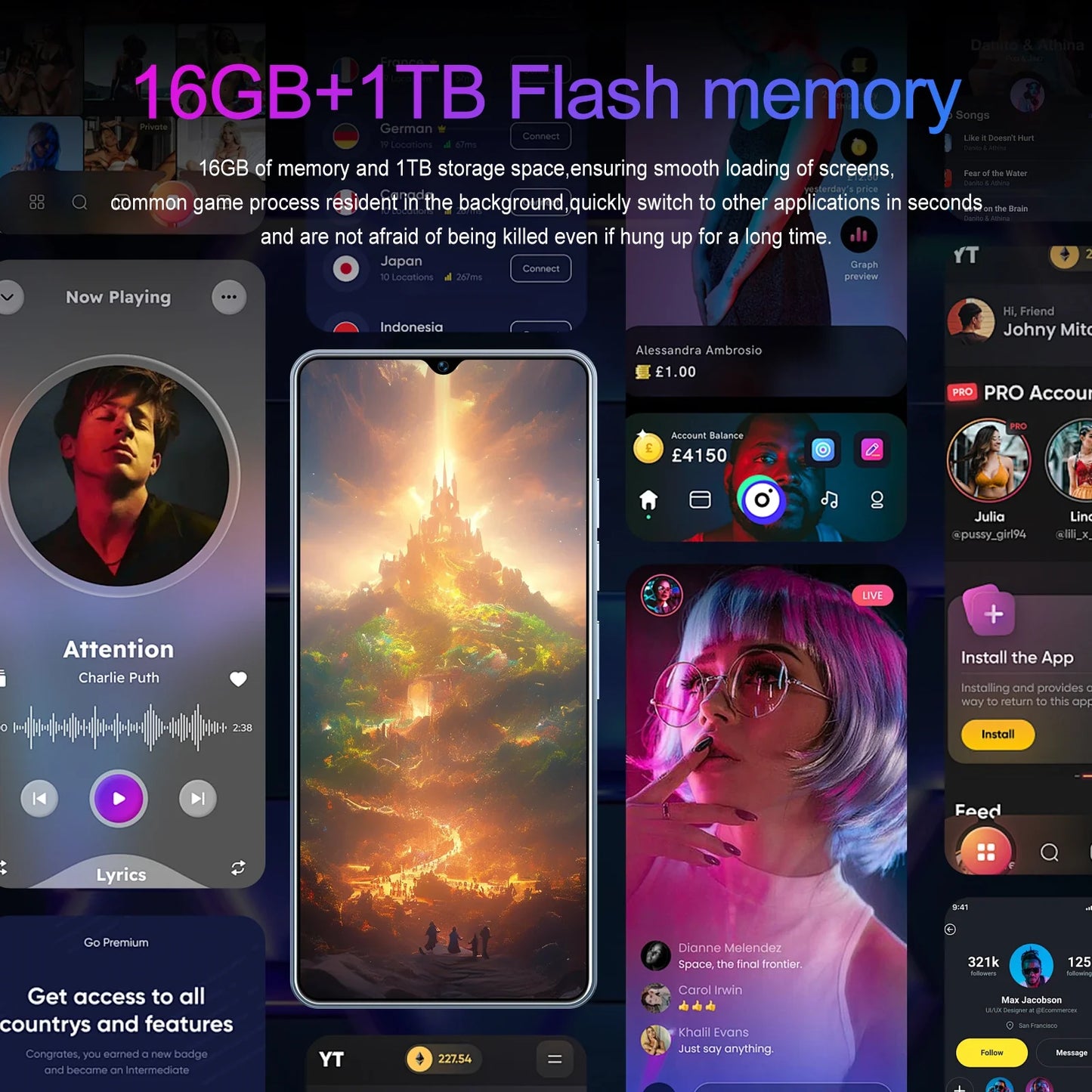 GT20 pro Original Smartphone 16 GB RAM 1 TB Storage 7.3-inch Full Screen 108 MP Camera Snapdragon 8 Gen3 Global 5G LTE Bands