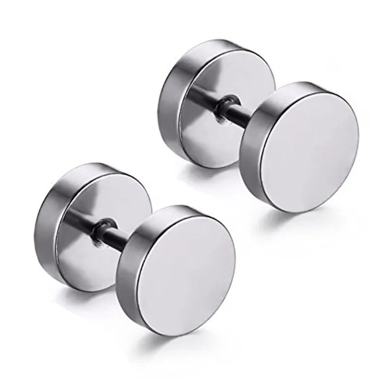 2Pcs/1Pair Gothic Stainless Steel Screw Dumbbell Stud Earrings For Women/Men Hip Hop Rock Hypoallergenic Punk Jewelry