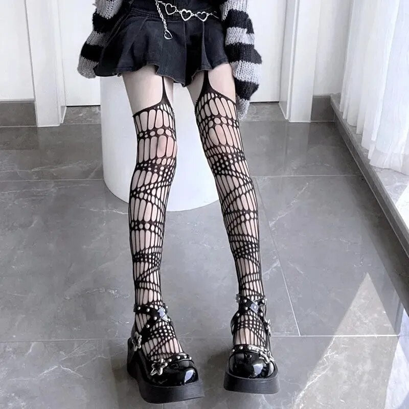 Lolita Cute Pentacle Print Tights Women Sexy Gothic Punk Magical Five-Pointed Star Mesh Fish Net Pantyhose Body Stockings