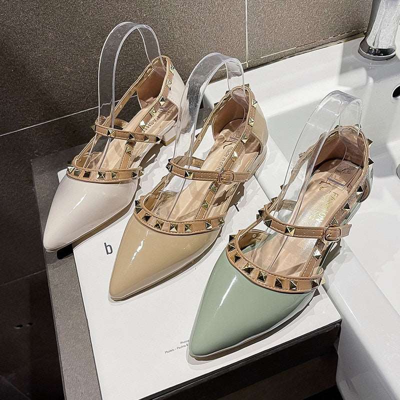 New High Heels Pointed Toe Buckle Rivets Summer Sexy Mules Fashion All-match Net Red Banquet Thick Heels Women's High Heels