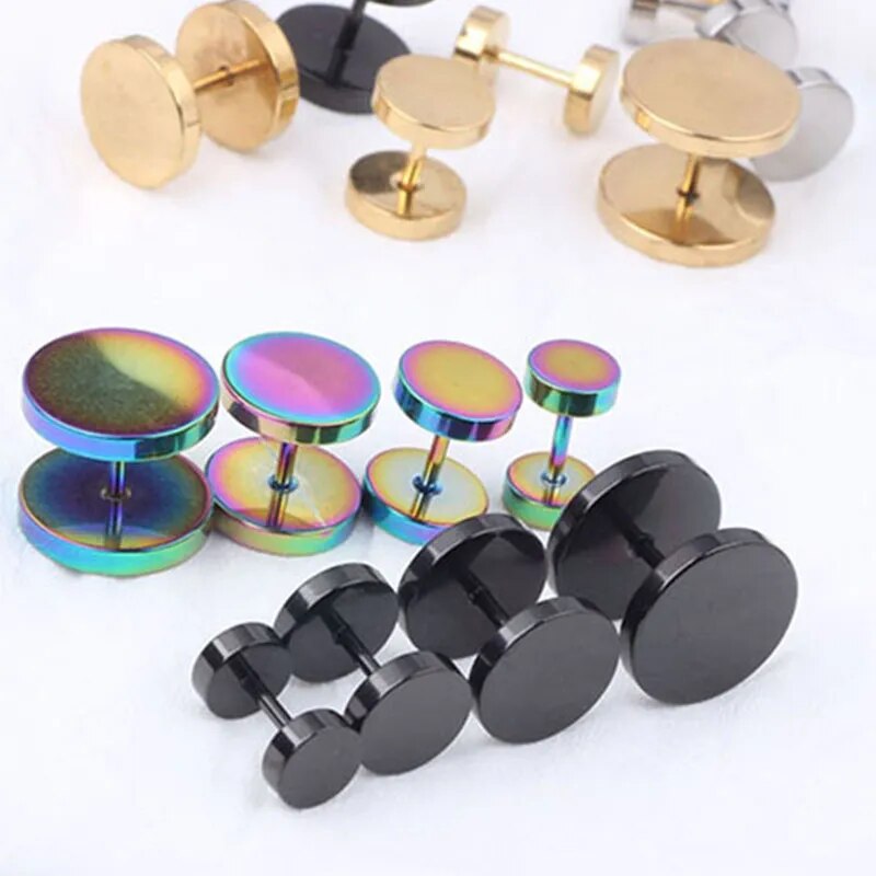 2Pcs/1Pair Gothic Stainless Steel Screw Dumbbell Stud Earrings For Women/Men Hip Hop Rock Hypoallergenic Punk Jewelry