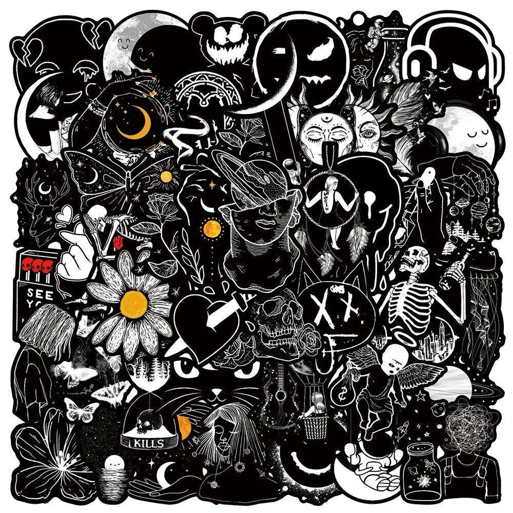 10/30/50PCS Black White Gothic Cartoon Graffiti Stickers DIY Car Bike Travel Luggage Phone Laptop Waterproof Cool Sticker Toy