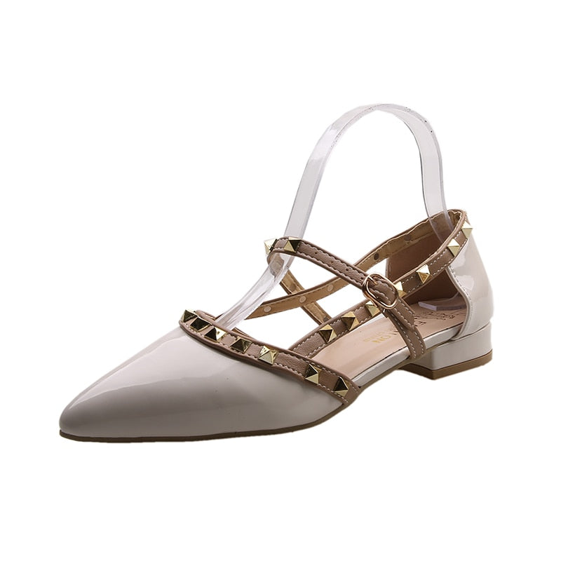 New High Heels Pointed Toe Buckle Rivets Summer Sexy Mules Fashion All-match Net Red Banquet Thick Heels Women's High Heels