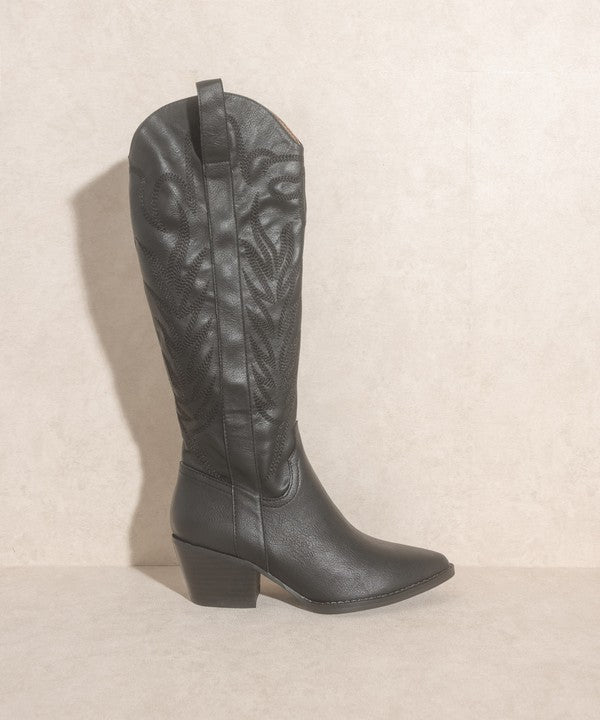 Knee-high western boots with embroidered stitching, pointed toe, stacked block heel, and side zipper closure.