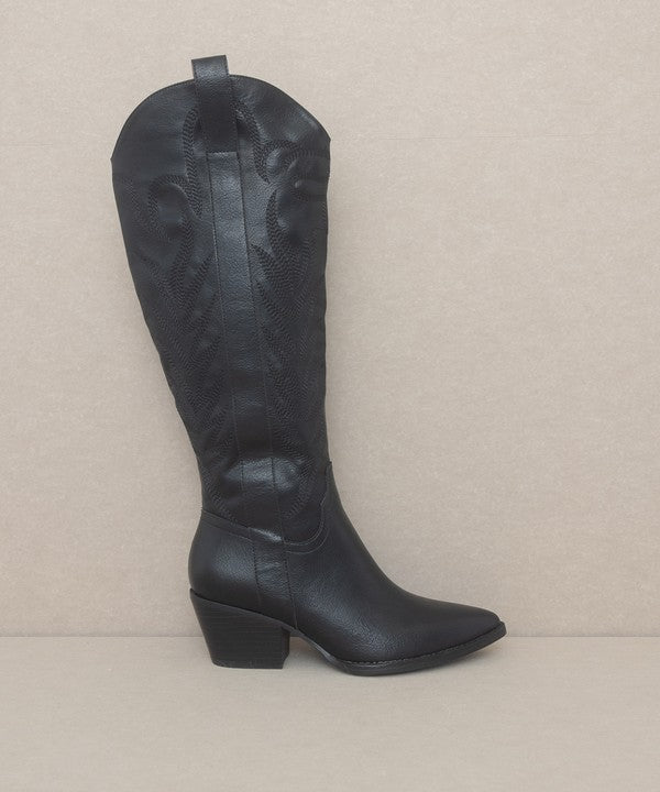 Knee-high western boots with embroidered stitching, pointed toe, stacked block heel, and side zipper closure.