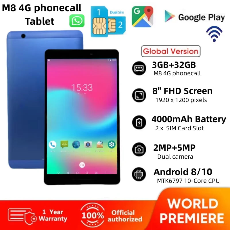 Hot Sales 8Inch 4G Phone Call Android 8/Android 10 Tablet Dual SIM Card 3GB RAM 32GB ROM 10-Core MTK6797 1920x1200 Pixels GPS