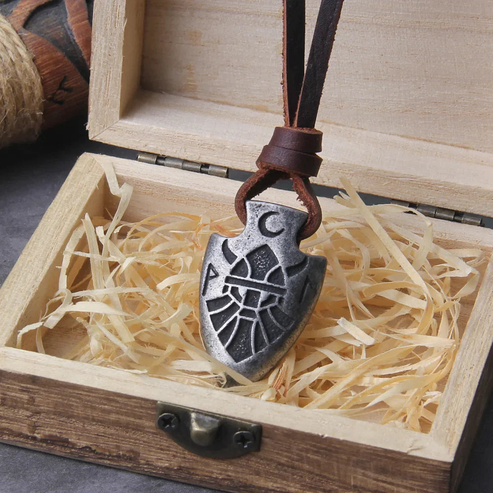 Odin Valknut Rune Necklace - vikings spear Men's Stainless Steel Necklace in Wooden Box