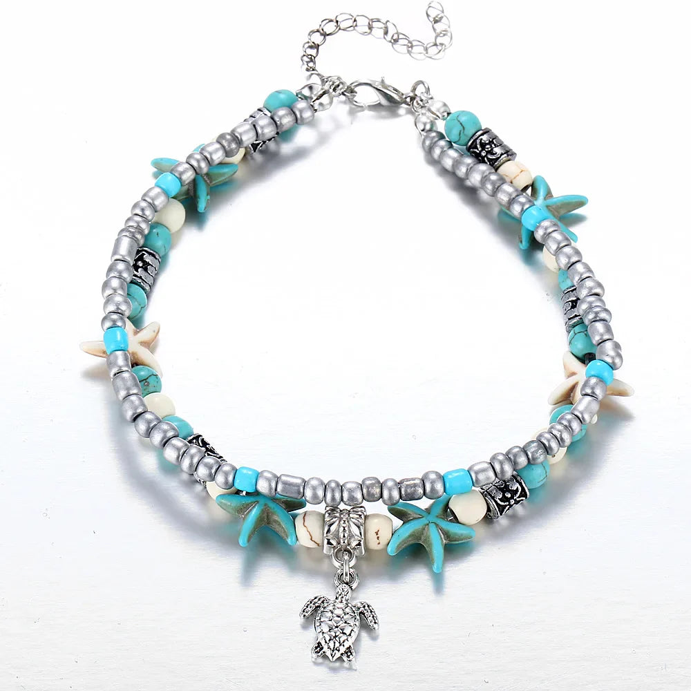 Boho Summer Beach Anklets For Women Turtle Shell Starfish Tree of Life Elephant Ankle Bracelet Multilayer Chain On Foot Jewelry