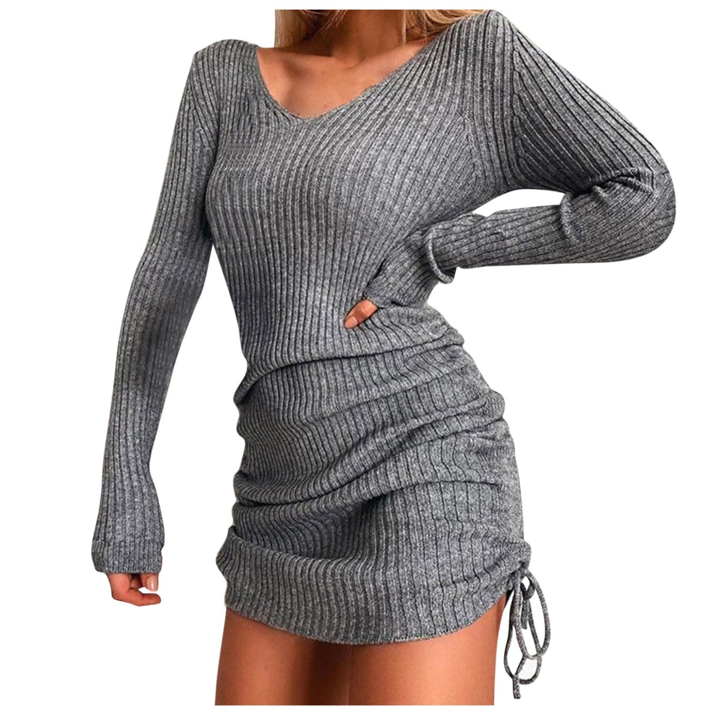 Spring And Winter Women'S V Neck Long Sleeves Slim Thin Hip Dress Warm Sweater Sexy Hip Package Club Street Lady Robe Vestido