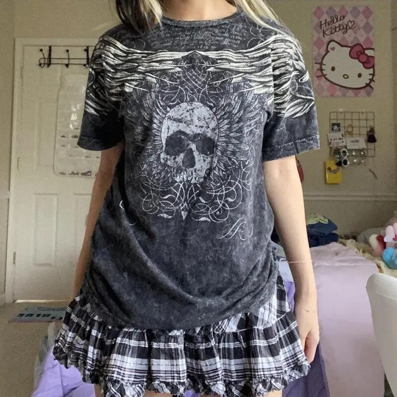 E Girl Graphic Short Sleeve Tops Gothic Skulls Print T Shirt Tees Harajuku Grunge Vintage Pullovers Y2K Retro Mall Goth Clothes