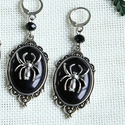 Gothic Dangle Spider Cameo Earrings,small Spider Earrings,Witches,Gothic Victorian Silver plated Framed Spider Cameo Earrings