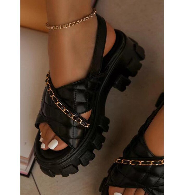 Thick Bottom Metal Chain Slippers Women 2022 Summer New Open Toe Cross Tie Fashion Sandals Casual Beach Design Women's Flip Flop