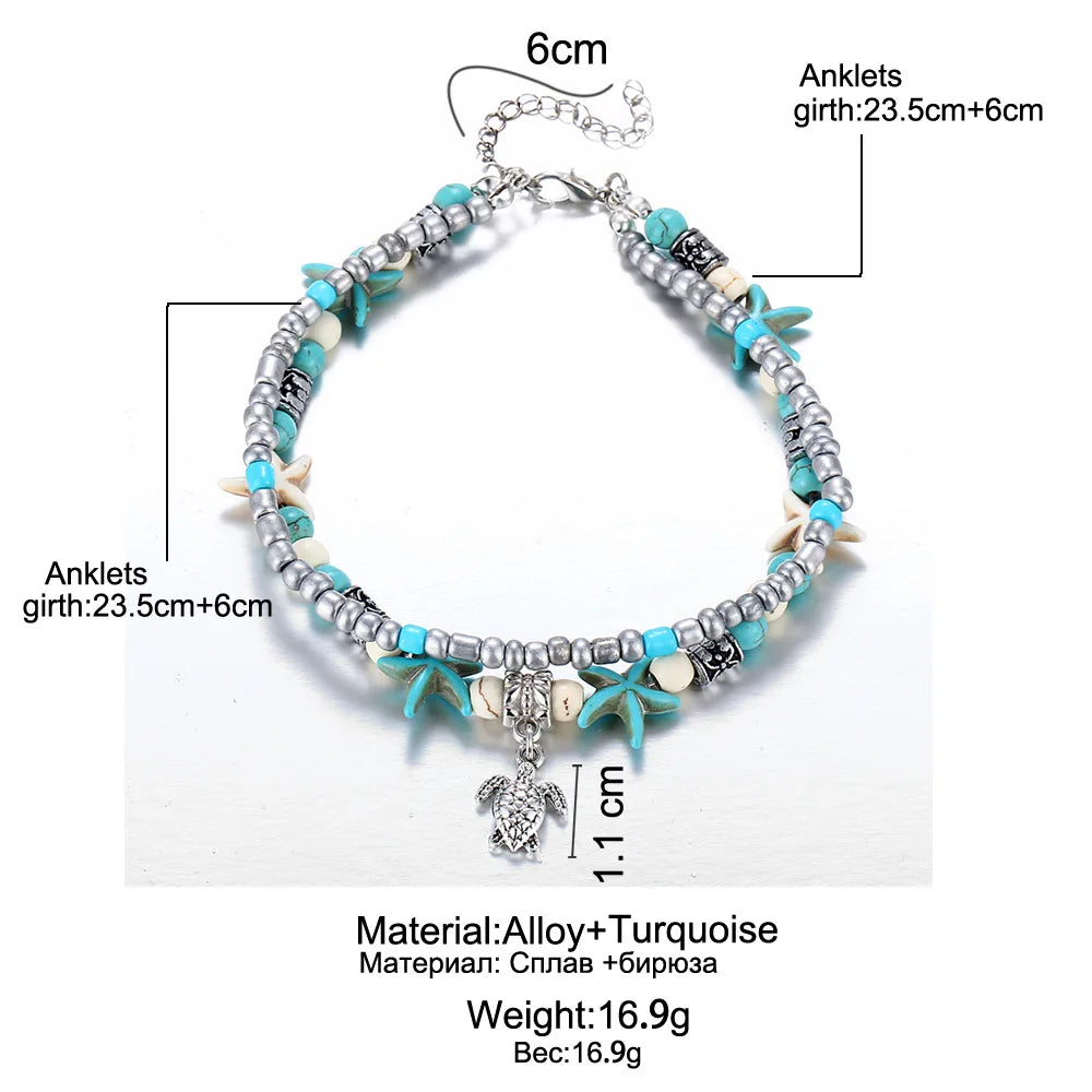 Boho Summer Beach Anklets For Women Turtle Shell Starfish Tree of Life Elephant Ankle Bracelet Multilayer Chain On Foot Jewelry